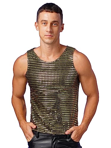 JEATHA Herren Pailletten Tank Top Ärmellos Rundhals T-Shirt Unterhemd Tanktop Glänzend Oberteil Slim Fit Muskelshirt Weste Partykleidung Disco Nachtclub C Schwarzes Gold S von JEATHA