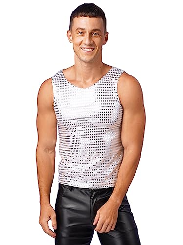 JEATHA Herren Pailletten Tank Top Ärmellos Rundhals T-Shirt Unterhemd Tanktop Glänzend Oberteil Slim Fit Muskelshirt Weste Partykleidung Disco Nachtclub C Silber M von JEATHA