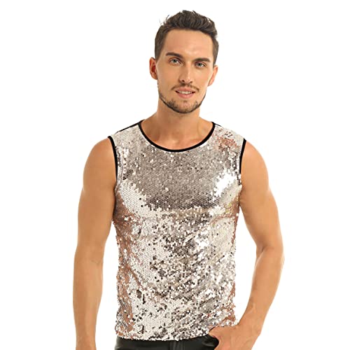 JEATHA Herren Pailletten Tank Top Ärmellos Rundhals T-Shirt Unterhemd Tanktop Glänzend Oberteil Slim Fit Muskelshirt Weste Partykleidung Disco Nachtclub Gold L von JEATHA