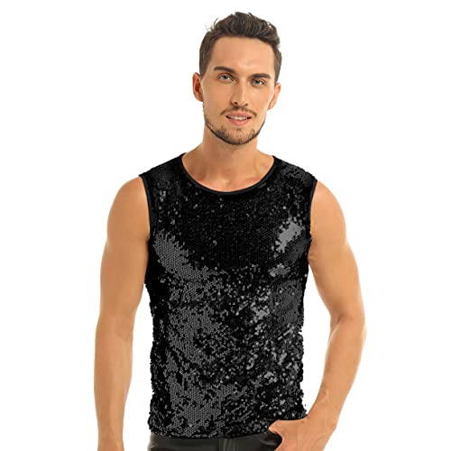 JEATHA Herren Pailletten Tank Top Ärmellos Rundhals T-Shirt Unterhemd Tanktop Glänzend Oberteil Slim Fit Muskelshirt Weste Partykleidung Disco Nachtclub Schwarz L von JEATHA