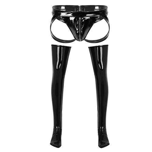 JEATHA Herren Sissy Unterwäsche Lackleder Jockstrap Unterhose mit Reißverschluss Leder Strümpfen Oberschenkel Wetlook Dessous Set Clubwear Schwarz M von JEATHA