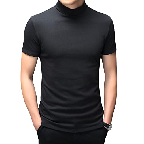 JEATHA Herren Unterhemd Basic T-Shirt Kurzarm Baumwolle Stehkragenshirt Bluse Slim Fit Shirt Kurzarmshirt Männer Casual Freizeitshirt Schwarz L von JEATHA