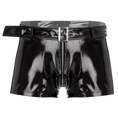 JEATHA Herren Wetlook Lackleder Boxershorts Unterhose mit Reißverschluss Latex Kurze Hose Männer Ledershorts Hipster Dessous Gogo Clubwear C Schwarz 3XL von JEATHA