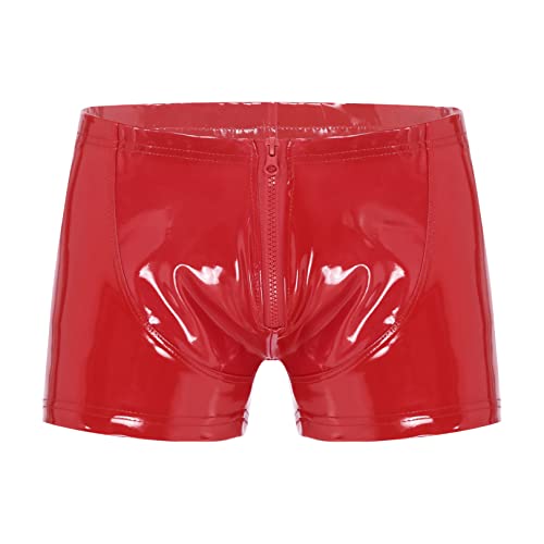 JEATHA Herren Wetlook Shorts Lackleder Boxershorts Unterhose mit Reißverschluss Latex Kurze Hose Briefs Männer Ledershorts Pants Hipster Erotik Dessous Gogo Clubwear Rot XXL von JEATHA