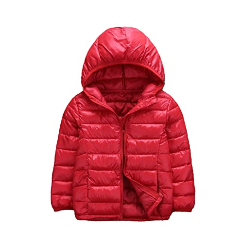 JEATHA Kinder Daunenjacke Steppjacke Jungen Mädchen Kapuzenjacke Sweatjacke mit Kapuze Reißverschluss Einfarbige Winterjacke Leichte Mantel Warme Oberbekleidung Rot 110-116 von JEATHA