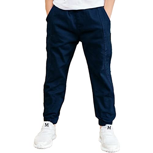 JEATHA Kinder Jogger Hose Jungen Cargohose Jogginghose Baumwolle Haremshose Sporthose Lang Pants Freizeithose Traininghose 3-12 Jahre Dunkelblau 122-128 von JEATHA