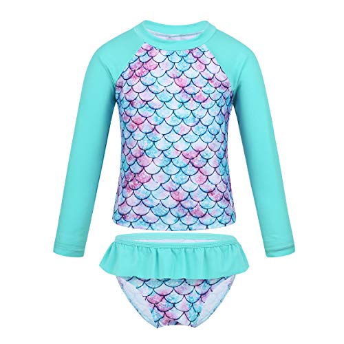 JEATHA Kinder Mädchen Badeanzug UV-Schutz Schwimmanzug Meerjungfrau Bademode Langarm Badeshirt + Badehose mit Rüschen Sommer Swimsuit Beachwear Cyan A 122-128 von JEATHA