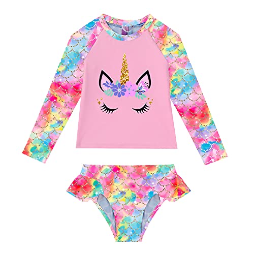 JEATHA Kinder Mädchen Badeanzug UV-Schutz Schwimmanzug Meerjungfrau Bademode Langarm Badeshirt + Badehose mit Rüschen Sommer Swimsuit Beachwear Type E Rosa 134-140 von JEATHA