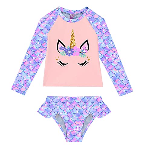 JEATHA Kinder Mädchen Badeanzug UV-Schutz Schwimmanzug Meerjungfrau Bademode Langarm Badeshirt + Badehose mit Rüschen Sommer Swimsuit Beachwear Type E Violett 110-116 von JEATHA