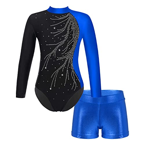 JEATHA Kinder Mädchen Gymnastikanzug Turnanzug Langarm Trikot Leotard mit Strass Ballettbody Tanz-Body mit Shorts Kurze Tanzhose für Ballett Dance Gym Workout Blau 158-164 von JEATHA