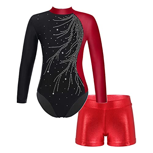 JEATHA Kinder Mädchen Gymnastikanzug Turnanzug Langarm Trikot Leotard mit Strass Ballettbody Tanz-Body mit Shorts Kurze Tanzhose für Ballett Dance Gym Workout Burgundy&Rot 134-140 von JEATHA