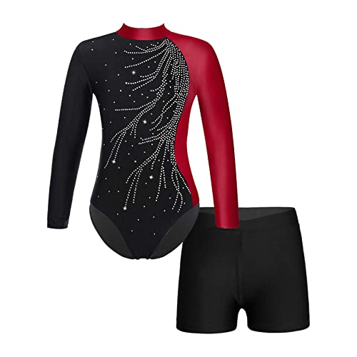 JEATHA Kinder Mädchen Gymnastikanzug Turnanzug Langarm Trikot Leotard mit Strass Ballettbody Tanz-Body mit Shorts Kurze Tanzhose für Ballett Dance Gym Workout G Burgundy 122-128 von JEATHA