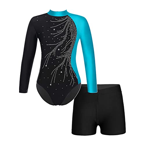 JEATHA Kinder Mädchen Gymnastikanzug Turnanzug Langarm Trikot Leotard mit Strass Ballettbody Tanz-Body mit Shorts Kurze Tanzhose für Ballett Dance Gym Workout G Hellblau 134-140 von JEATHA