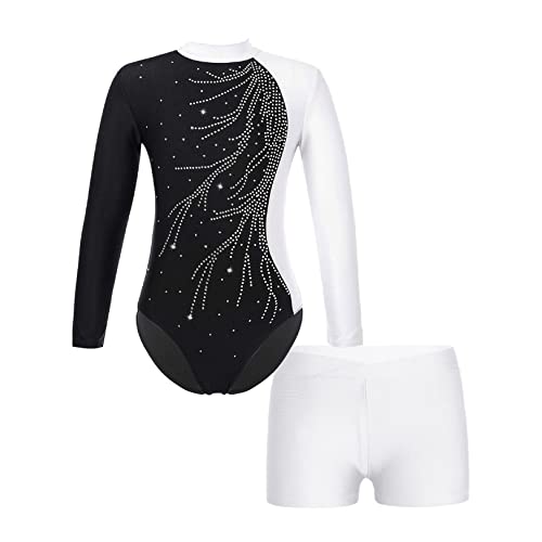 JEATHA Kinder Mädchen Gymnastikanzug Turnanzug Langarm Trikot Leotard mit Strass Ballettbody Tanz-Body mit Shorts Kurze Tanzhose für Ballett Dance Gym Workout K Weiß 146-152 von JEATHA