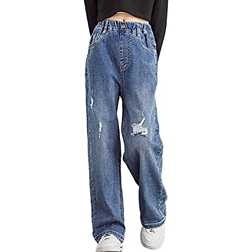 JEATHA Kinder Mädchen Jeans Schlaghose Jeanshosen Baumwolle Denim Glockenhose Freizeithose Vintage Schlagjeans Ausgestellten Hosen Blau B 122-128 von JEATHA