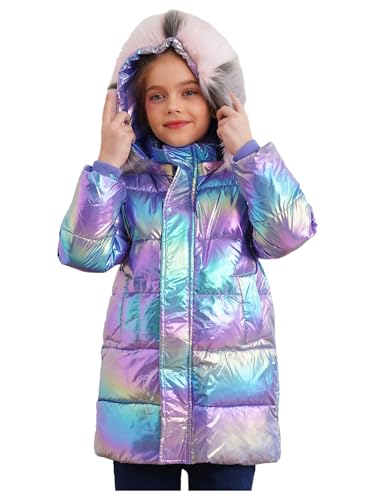 JEATHA Kinder Mädchen Kunstpelz Kapuzenjacke Metallic Glänzende Hoodie Jacke mit Taschen Winter Outdoor Jack Gr. 110-170 Violett 146-152 von JEATHA