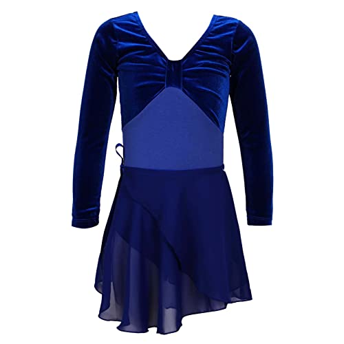 JEATHA Kinder Mädchen Samt Ballettanzug Langarm Turnanzug Ballett Trikot Body mit Ballettrock Mesh Tutu Rock Ballettkleidung Baumwolle Langarmshirts Turnbody Gymnastikanzug Royal Blau 134-140 von JEATHA