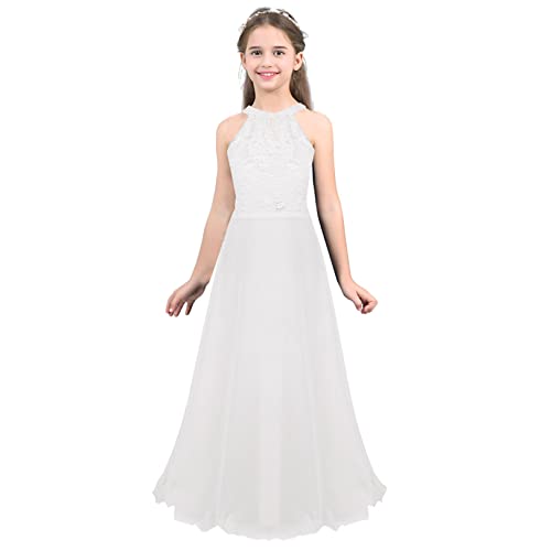 JEATHA Kinder Mädchen Spitze Blumenmädchenkleid Prinzessin Festkleid Ärmellos Chiffon Kleid Spitzenkleid Hochzeit Brautjungfer Geburtstag Kleider Weiß 134-140 von JEATHA