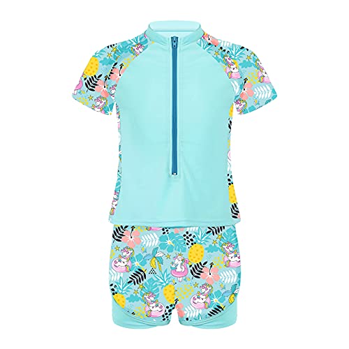 JEATHA Kinder Mädchen UV-Schutz Bademode Kurzarm Badeshirts + Badeshorts Schwimmanzug Sommer Sport Surfanzug Zweiteiler Badeanzug Gr.98-152 Blau 110-116 von JEATHA