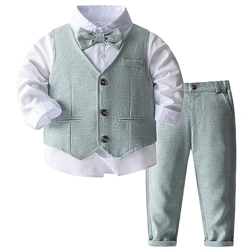 JEATHA Kleinkind Jungen Gentleman Anzug Bekleidungsset Langarm Hemd + Anugweste + Hose + Krawatte für Baby Smoking Outfits Geburtstagsparty B Hellgrün 110-116 von JEATHA