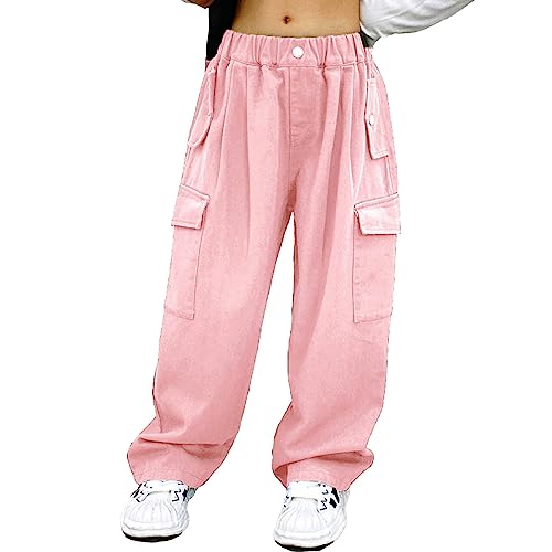 JEATHA Mädchen Baggy Cargohose Elastische Taille Cargo Hose Baumwolle Sporthose Jogginghose Beiläufige Lose Traininghose Freizeithose Rosa 122-128 von JEATHA