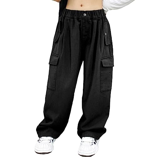 JEATHA Mädchen Baggy Cargohose Elastische Taille Cargo Hose Baumwolle Sporthose Jogginghose Beiläufige Lose Traininghose Freizeithose Schwarz 158-164 von JEATHA