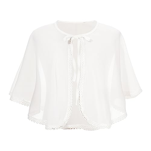 JEATHA Mädchen Bolero Chiffon Strickjacke Cardigan Schal Shrug Top Elegante Spitze Schulterjacke Festlicher Bolerojacke für Geburtstag Hochzeit Party Weiß 116-152 von JEATHA