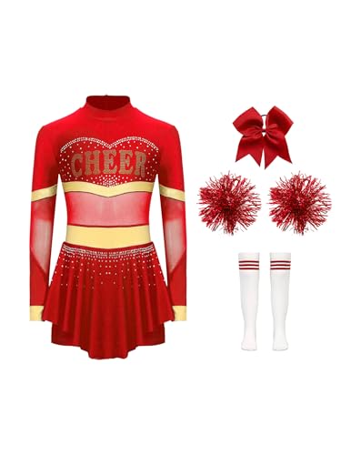 JEATHA Mädchen Cheer Leader Cheerleading Kostüm Langarm Cheer Kleid Mit Pompoms Socken Halloween Kostüm Karneval Fasching Party Rot B 134-140 von JEATHA