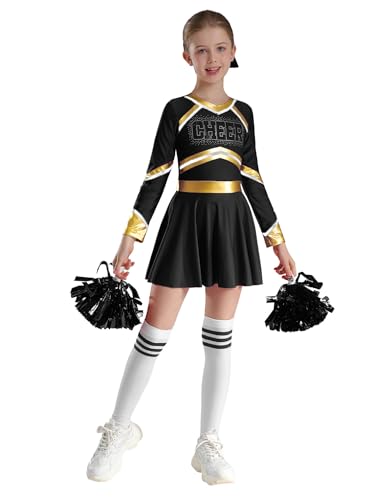 JEATHA Mädchen Cheer Leader Kostüm Kinder 4tlg Cheerleadering Uniform mit Pompoms Socken Haarband Set für Karneval Fasching Party Halloween Weiß schwarz 134-140 von JEATHA