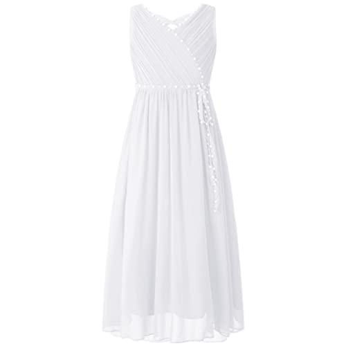 JEATHA Mädchen Elegant Chiffon Partykleid Prinzessin Kleid Ärmellos Blumenmädchenkleider mit Perlen Ballkleid Kommunionkleid Hochzeit Geburtstag Weiß 134-140 von JEATHA
