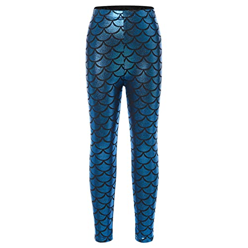 JEATHA Mädchen Fischschuppen Leggings Kinder Strumphose Tanzhose Meerjungfrau Hose Sporthose Jogginghose Glitzer Trainninghose Laufhose Hellblau 110-116 von JEATHA