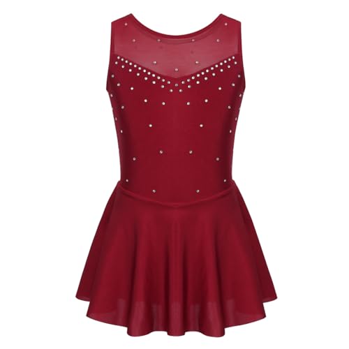 JEATHA Mädchen Glänzend Strass Eiskunstlauf Kleid Tanzkleid Ärmellos Ballettkleid Ballettanzug Rückenfrei Tüllkleid Rollschuh Sakter Kleider Ballett Trikot Tanzkleidung Burgundy A 122-128 von JEATHA