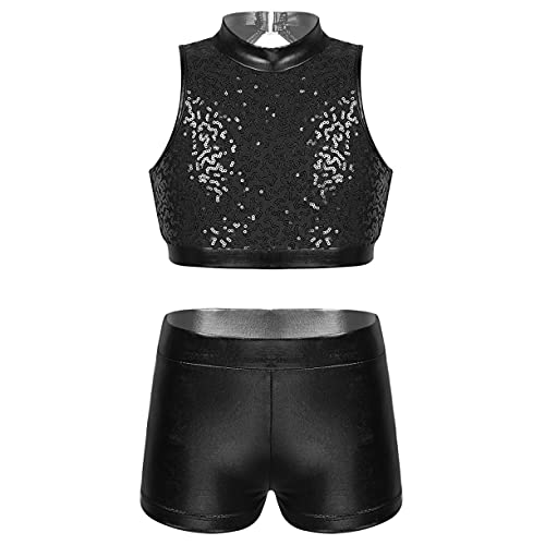 JEATHA Mädchen Glänzende Trainingsanzug Tanzanzug Zweiteiler Pailletten Crop Top Shorts Kurze Hosenanzug Jogginganzug für Jazz Tap Hip Hop Dancewear Schwarz 122-128 von JEATHA