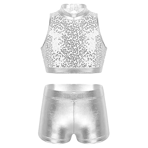 JEATHA Mädchen Glänzende Trainingsanzug Tanzanzug Zweiteiler Pailletten Crop Top Shorts Kurze Hosenanzug Jogginganzug für Jazz Tap Hip Hop Dancewear Silber 110-116 von JEATHA