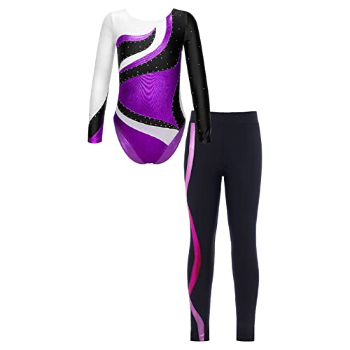 JEATHA Mädchen Gymnastikanzug Kinder Langarm Turnanzug Gymnastik Leotard Ballettbody Leggings Sporthose Jogginghose Ballettanzug Dancewear F Violett 110-116 von JEATHA