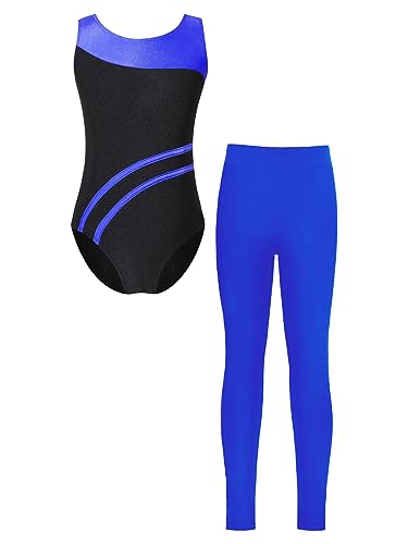 JEATHA Mädchen Gymnastikanzug Turnanzug Kinder Balletttrikot Trikot Leotard mit Leggings Tanzhose Ballettanzug Ballettkleidung Dancewear B Königsblau 122-128 von JEATHA