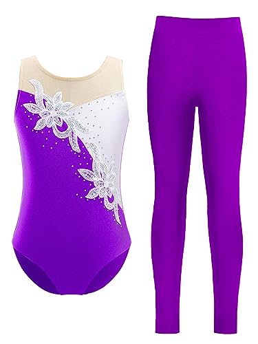 JEATHA Mädchen Gymnastikanzug Turnanzug Kinder Balletttrikot Trikot Leotard mit Leggings Tanzhose Ballettanzug Ballettkleidung Dancewear C Violett 134-140 von JEATHA