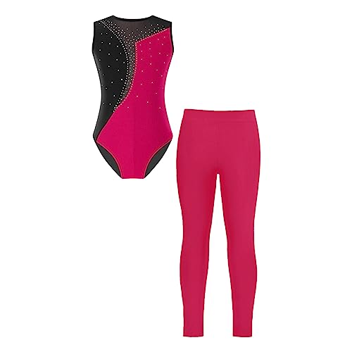 JEATHA Mädchen Gymnastikanzug Turnanzug Kinder Balletttrikot Trikot Leotard mit Leggings Tanzhose Ballettanzug Ballettkleidung Dancewear Hot Rosa 122-128 von JEATHA