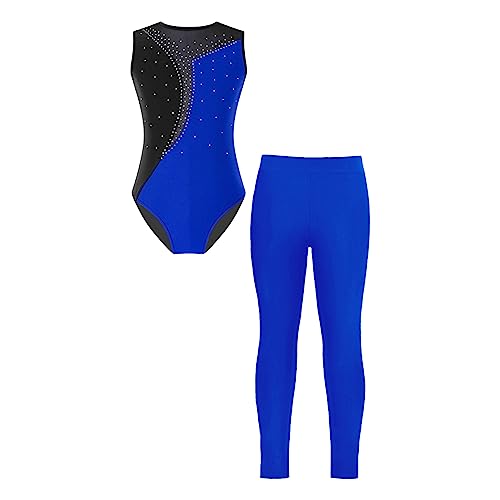 JEATHA Mädchen Gymnastikanzug Turnanzug Kinder Balletttrikot Trikot Leotard mit Leggings Tanzhose Ballettanzug Ballettkleidung Dancewear Königsblau 134-140 von JEATHA