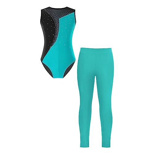 JEATHA Mädchen Gymnastikanzug Turnanzug Kinder Balletttrikot Trikot Leotard mit Leggings Tanzhose Ballettanzug Ballettkleidung Dancewear blauer See 122-128 von JEATHA