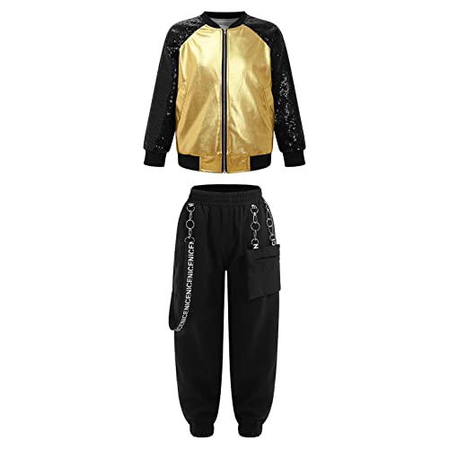 JEATHA Mädchen Hip Hop Kleidung Set Metallic Trainingsanzug Bomberjacke Langarm Freizeitjacke mit Reißverschluss Sweatpants Cargohose für Tanz Performance Gold&Black 122-128 von JEATHA