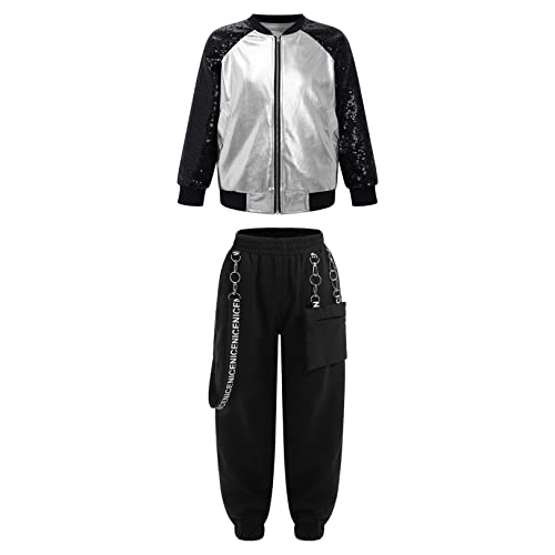 JEATHA Mädchen Hip Hop Kleidung Set Metallic Trainingsanzug Bomberjacke Langarm Freizeitjacke mit Reißverschluss Sweatpants Cargohose für Tanz Performance Silver&Black 158-164 von JEATHA