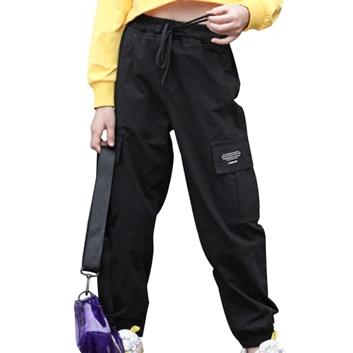 JEATHA Mädchen Jeanshose Cargo Hose Traininghose Baumwolle Haremshose Kinder Cargohose Jogger Hose mit Gürtel Jogginghose Pants Lange Freizeithose Q Schwarz 146-152 von JEATHA