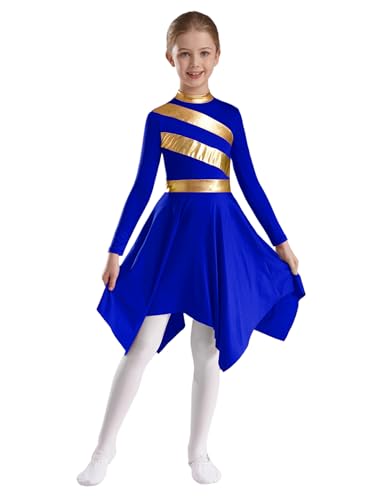 JEATHA Mädchen Lyrisches Tanzkleid Langarm Lob Kleider Ballettkleid mit Asymmetrische Rock Ballett Ballsaal Tanzkleidung Kirche Anbetung Kostüm Blau 146-152 von JEATHA