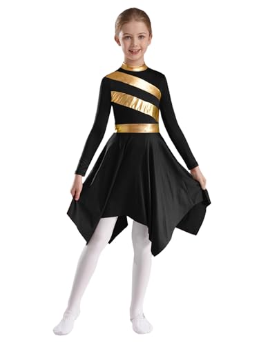 JEATHA Mädchen Lyrisches Tanzkleid Langarm Lob Kleider Ballettkleid mit Asymmetrische Rock Ballett Ballsaal Tanzkleidung Kirche Anbetung Kostüm Schwarz 134-140 von JEATHA