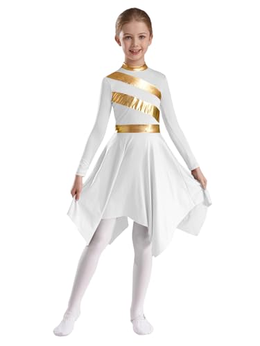 JEATHA Mädchen Lyrisches Tanzkleid Langarm Lob Kleider Ballettkleid mit Asymmetrische Rock Ballett Ballsaal Tanzkleidung Kirche Anbetung Kostüm Weiß 110-116 von JEATHA