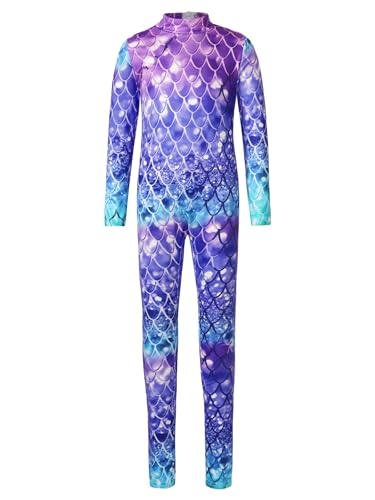 JEATHA Mädchen Meerjungfrau Kostüm Langarm Bodysuit Jumpsuit Langarmbody Fisch Schuppen Print Overall Gymnastikbody Turnanzug Typ A 122-128 von JEATHA