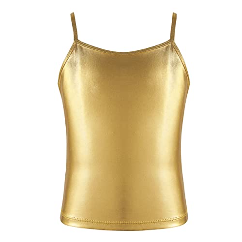 JEATHA Mädchen Metallic Camisole Tank Top Spaghetti Trägershirt Tanzshirt Glänzende Top Tanz Ballett Oberteil Ärmello Crop Top Sommer Weste Tanzkleidung Gold 122-128 von JEATHA