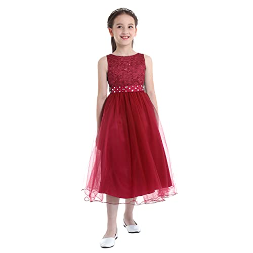 JEATHA Mädchen Pailletten Kleider Abendkleid Festlich Prinzessin Kleid Puffärmel Partykleid Ballkleid Kommunionkleid Brautjungfern Kleid für Hochzeit Geburtstag Pageant Burgundy 152 von JEATHA