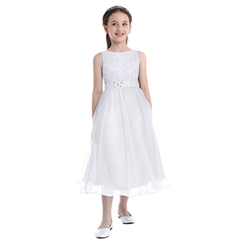 JEATHA Mädchen Pailletten Kleider Abendkleid Festlich Prinzessin Kleid Puffärmel Partykleid Ballkleid Kommunionkleid Brautjungfern Kleid für Hochzeit Geburtstag Pageant Weiß 140 von JEATHA